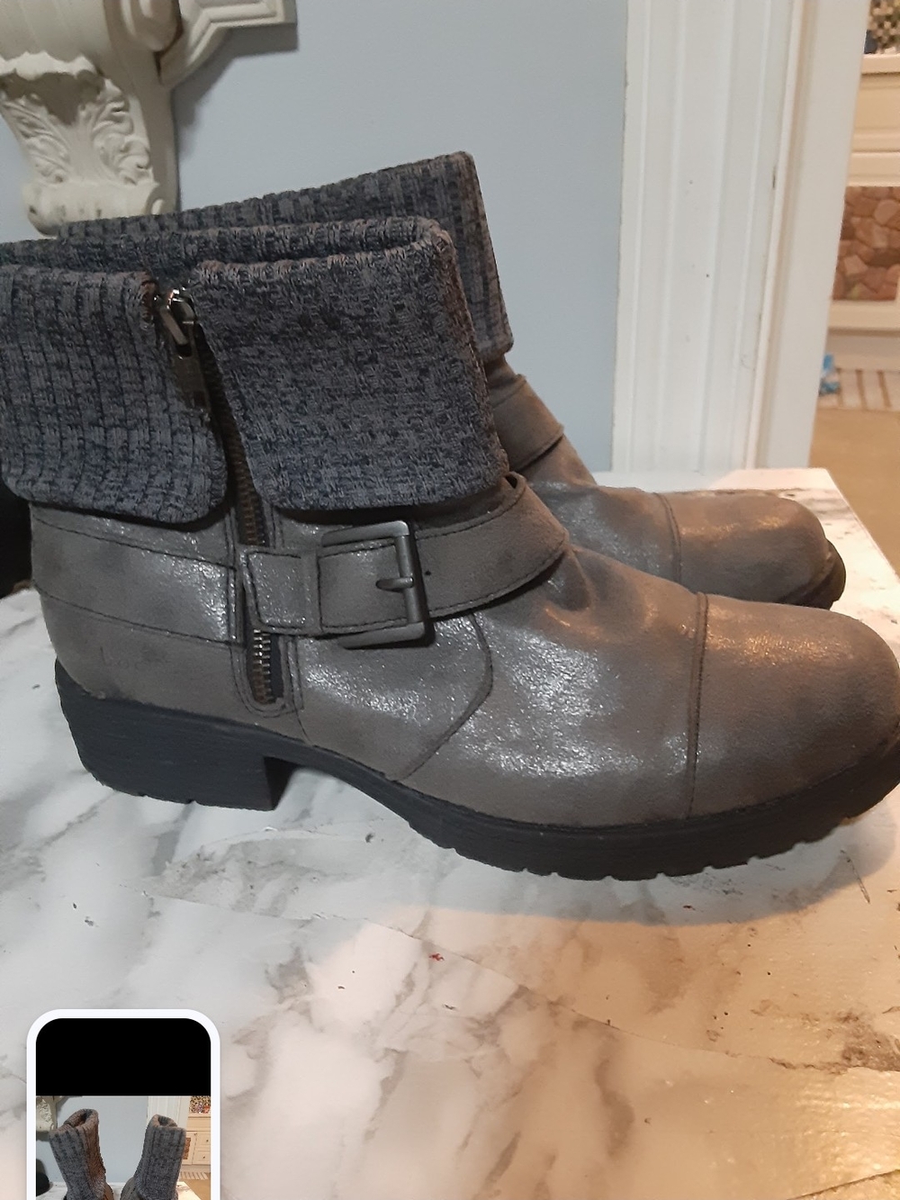 Gray Fold-Over Knit Cuff Ankle Bootie with Buckle - Picture 1 of 4
